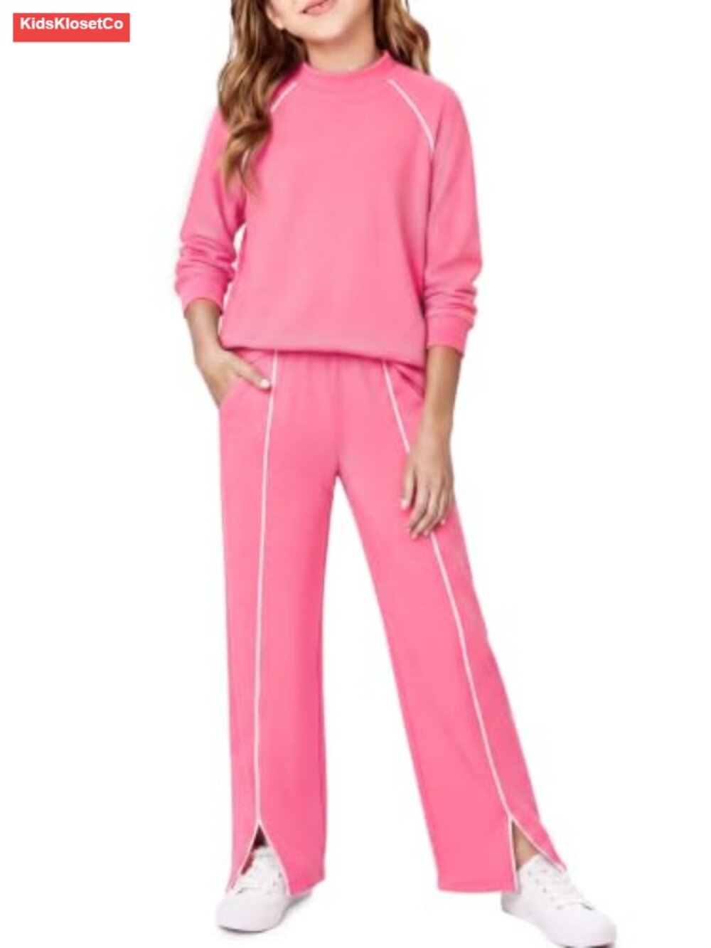 Girls 2 Piece Sweatshirt Wide Leg Pants Set Raglan Sleeve Split Hem